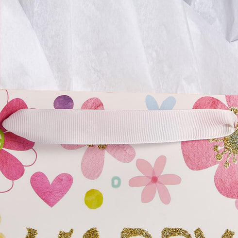 SUNCOLOR 13" Large Birthday Gift Bags with Tissue Paper and Card, Flowers Design