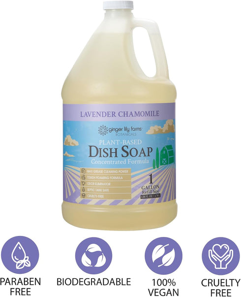 Ginger Lily Farms 1 Gallon Plant-Based Liquid Dish Soap, Concentrated Lavender Chamomile Scent, Cruelty-Free