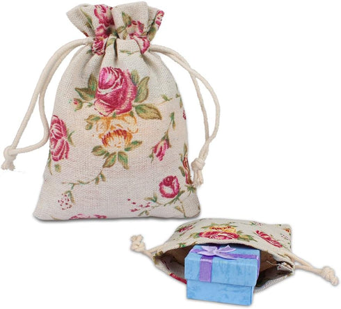 24 Pack Rose Double Drawstring Burlap Bags - 5.5"x 4" Reusable Linen Gift Pouches for Wedding Party