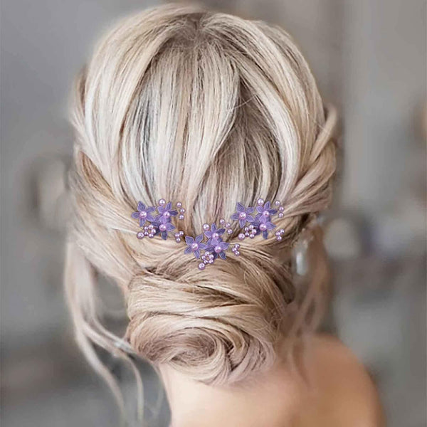 Pearl Bride Wedding Hair Pins, Purple Bead Hair Piece, Bridal Flower Headpieces for Women and Girls (Pack of 3)