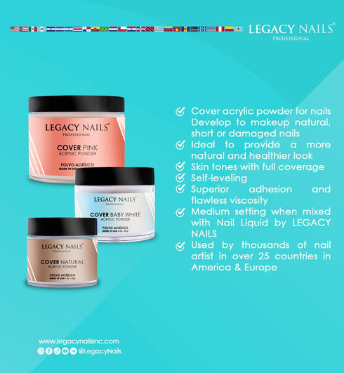 Legacy Nails Cover Acrylic Powder in Peach, Rose, Nude, White & Pink, 2oz (Nude)