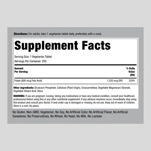 Piping Rock Folic Acid 800 mcg | 250 Tablet Capsules | Vegetarian Supplement | Non-GMO, Gluten Free