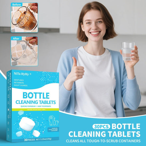 Set 30 Bottle Cleaning with Long Handle Brush and Dissolving Tablets, for Thermos, Coffee Pot, Glass, Tumbler
