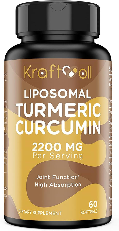 Liposomal Turmeric Curcumin Supplement 2200 mg with Black Pepper Extract 15 mg for Joint Function, 60 Softgels