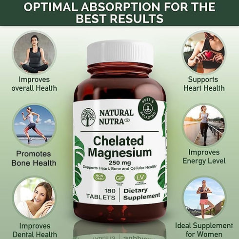 Natural Nutra Chelated Magnesium Oxide Supplement - Promotes Strong Bones, Dental Health, and Energy Levels - 180
