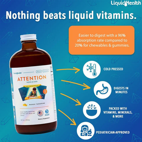 LIQUIDHEALTH Attention Liquid Multivitamin for Kids & Teens - 16 oz, Vegan, Sugar-Free, Great Taste