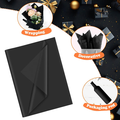 PLULON 60 Sheets Black Tissue Paper Bulk, Gift Wrap Tissue Paper for Birthday Wedding Holiday Flower Packaging
