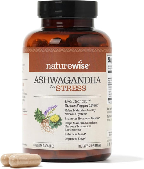 NatureWise Ashwagandha for Stress with KSM-66 Extract + GABA + L-Theanine + Rhodiola Rosea, 60 Capsules