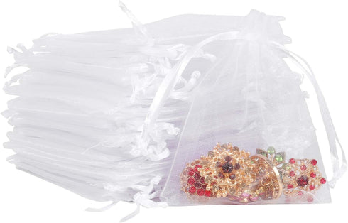 Boshen 100/200PCS White Organza Gift Candy Sheer Bags, Mesh Jewelry Pouches Drawstring for Wedding Party Favors