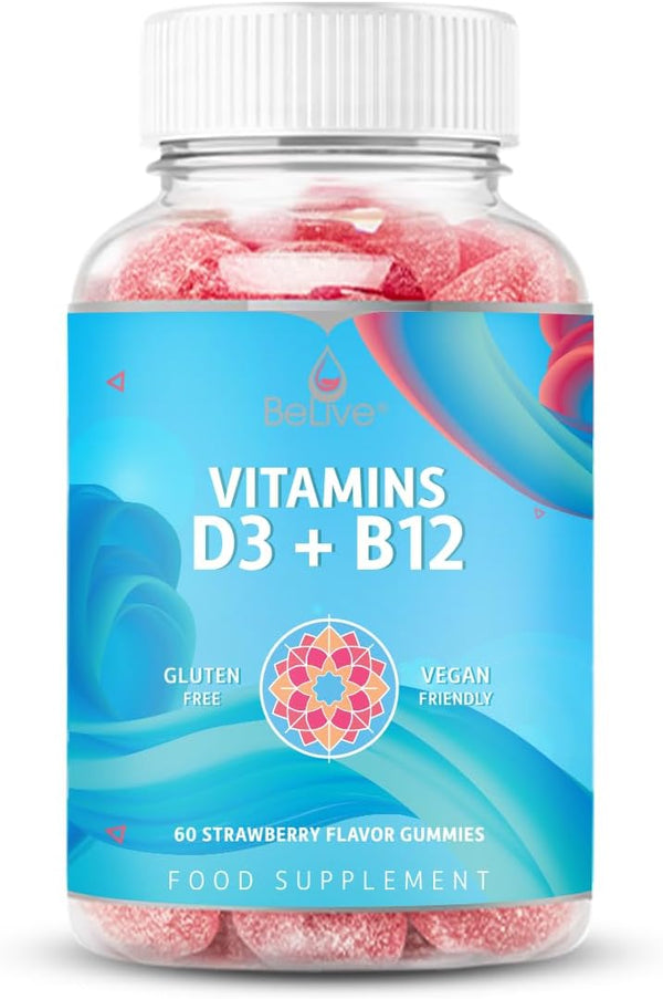 BeLive Vitamin D3 Gummies with B12 - 60 Ct Immune Support, Strawberry Flavor for Bone & Muscle Strength