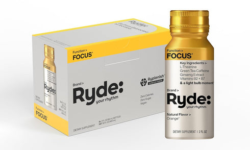 RYDE: Focus Shot, Orange Flavor, L-Theanine & Ginseng, Caffeine, 0 Calories, 0 Sugar, 2 FL OZ Shots, 8 Pack