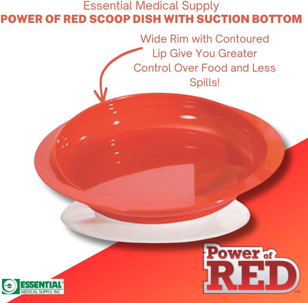Rimmed Essential Medical Supply Power of Red Adaptive Scoop Dish with Suction Cup Bottom and Side for Easier Eating