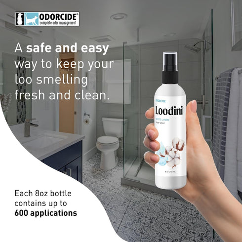 Odorcide Loo-Dini White Linen 8oz Toilet Spray, Bathroom Odor Eliminator, Poop Spray for Toilet and Bathroom