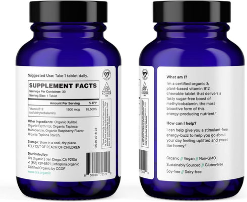Ora Organic Vitamin B12 1500mcg - plant-based methylcobalamin for adults - Natural stimulant-free energy, Raspberry flavor chewable tablets, no added sugar - 30 tablets