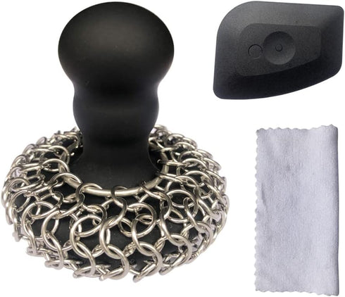 Toiserns 316 Upgraded Chainmail Scrubber with Silicone Handle Cast Iron Cleaner for Cast