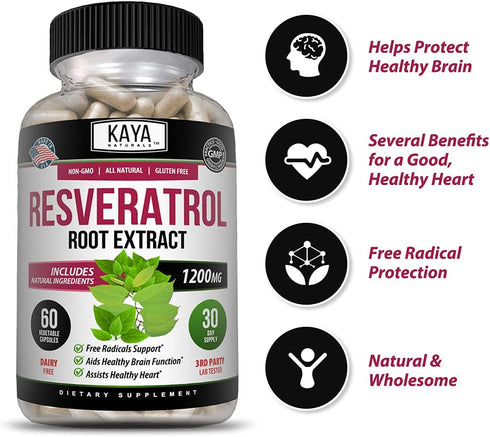 Kaya Naturals Resveratrol Capsules, Anti Aging Supplement with Antioxidants and Brain Support, 60 Veggies Capsules
