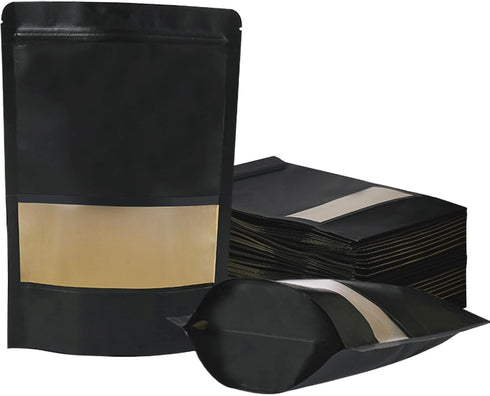 100 PCS Resealable Bags - Stand Up Kraft Paper Bags with Matte Window, Zipper Lock Food Storage Bags for Small Business