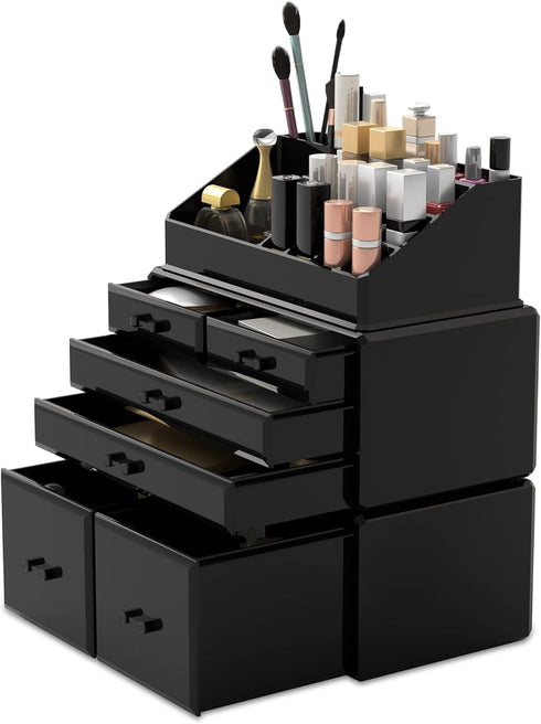 READAEER 3 Pieces Makeup Organizer with 6 Drawers for Cosmetic Storage (Black)