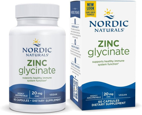 Nordic Naturals Zinc Glycinate, 60 Capsules - 20 mg Highly Absorbable Zinc Glycinate for Optimal Wellness