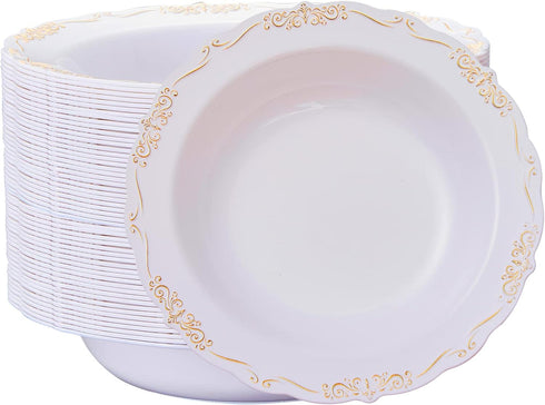 N9R 30 Pack Disposable Soup Bowls, 12 Oz Fancy Plastic Bowls with Gold Relief for Parties, Weddings, Everyday Use