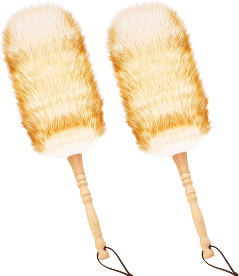 Lambswool Duster for Cleaning, 19.6 inch Natural Feather Duster with Solid Wooden Handle, Leather Hang Strap, 2 Pack