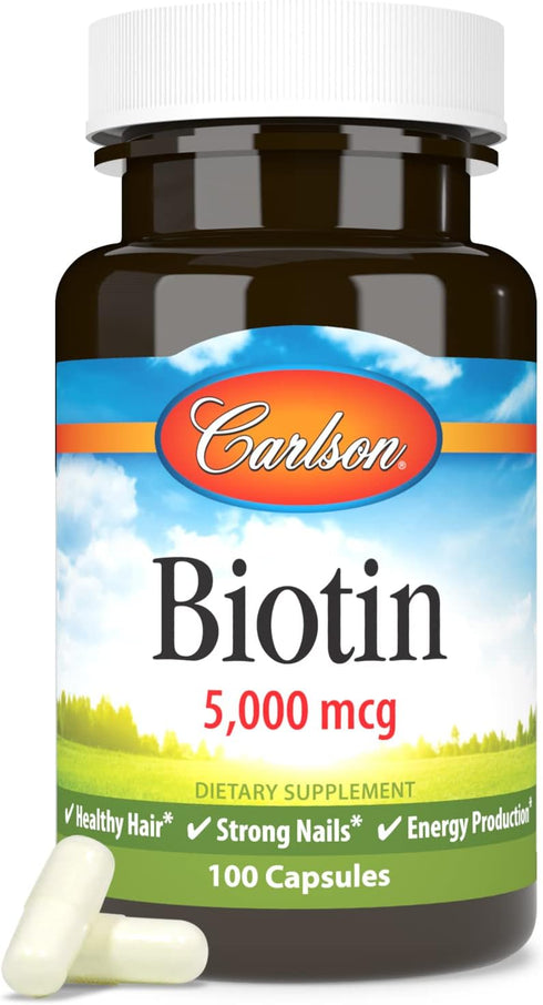 Carlson Biotin 5000 mcg for Healthy Hair, Strong Nails & Energy Production, 100 Capsules