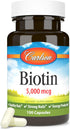 Carlson Biotin 5000 mcg for Healthy Hair, Strong Nails & Energy Production, 100 Capsules