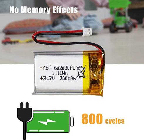 KBT 3.7V 300mAh Li-Polymer Battery: 602030 Lipo Replacement Batteries with PH 1.25 JST Connector