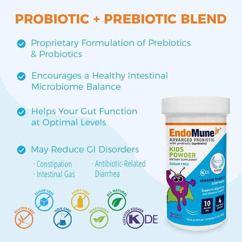 Endomune Jr Advanced Probiotic Powder for Newborns, Infants, Toddlers & Baby | 10 Billion CFUs | 4 Strains Bacteria & FOS Prebiotic | Physician Formulated | 60 Day Supply