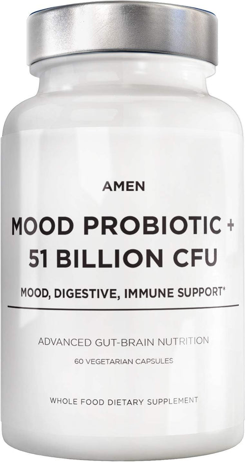 Amen Mood Probiotic Supplement 51 Billion CFU - Organic Prebiotics and Probiotics, Vegan & Non-GMO, 60 Capsules