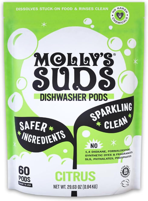 Molly's Suds Dishwasher Pods, Natural Detergent, Cuts Grease & Rinses Clean, 60 Auto-Release Tabs (Citrus)