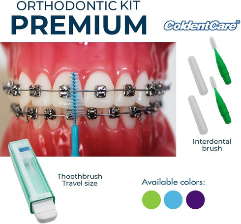 Orthodontic Oral Care Kit for Braces, Includes Toothbrush, Dental Floss, Wax, and Travel Case (Green)