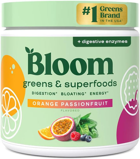 Bloom Nutrition Superfood Greens Powder, Digestive Enzymes with Probiotics and Prebiotics, Gut Health, 30 SVG, Orange