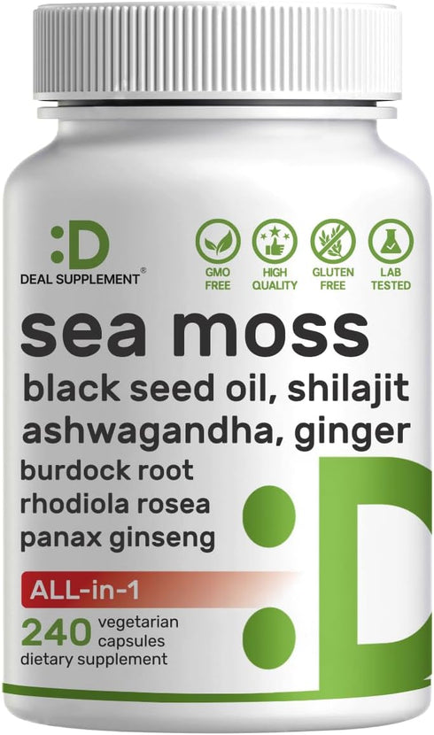Irish Sea Moss 7000mg Per Serving - 240 Veggie Capsules, 14 Superfood Complex, 3000mg Black Seed Oil, 2000mg