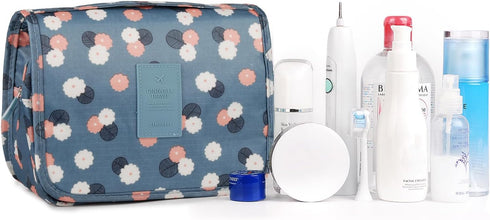 Narwey Hanging Toiletry Bag for Women, Travel Makeup Organizer for Toiletries, Blue Flower