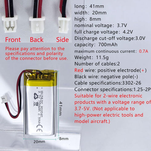 HXJNLDC 3.7V 700mAh 802040 3.7-5V 2-Wire DC Rechargeable Lithium Polymer Battery, Suitable for DIY Electronic Products