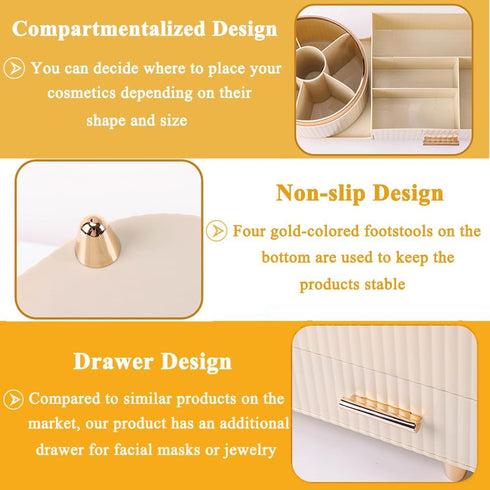 Makeup Organizer Countertop with Drawers, 360 Rotating Brush Holder, Large Capacity Skincare Organizer