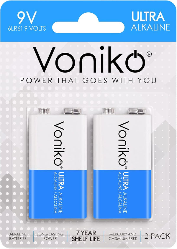 Voniko 9V Batteries, Alkaline 2 Pack, Ultra Long Lasting with 7-Year Shelf Life