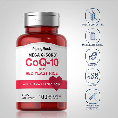 Piping Rock CoQ10 with Red Yeast Rice, 100 Capsules, Non-GMO, Gluten Free Supplement with Alpha Lipoic Acid