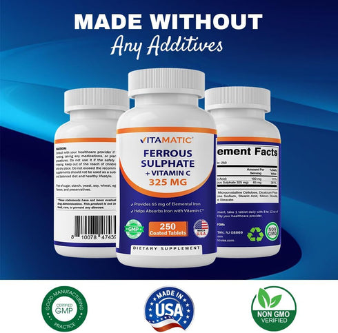 Vitamatic Ferrous Sulphate 325 mg + Vitamin C 100 mg - 250 Coated Tablets High Potency Iron Supplement Made in USA