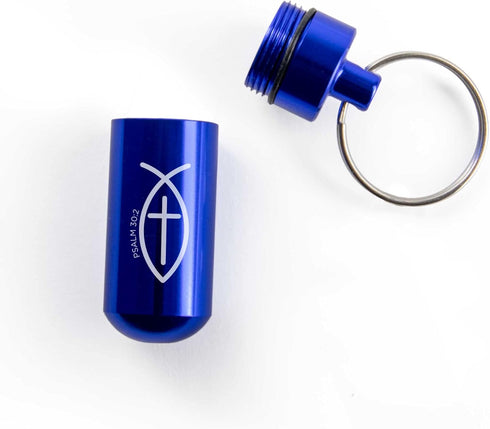 Blue Pill Case Keychain - Waterproof Metal Travel Container for Medicine Storage, Small Organizer Bottle