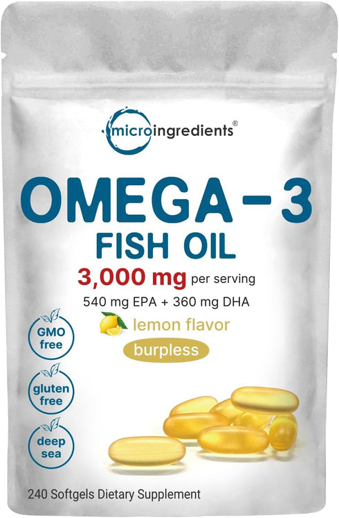 Omega 3 Fish Oil Supplements 3,000mg Per Serving, 240 Softgels | Lemon Flavored – Burpless | Heart & Brain Support