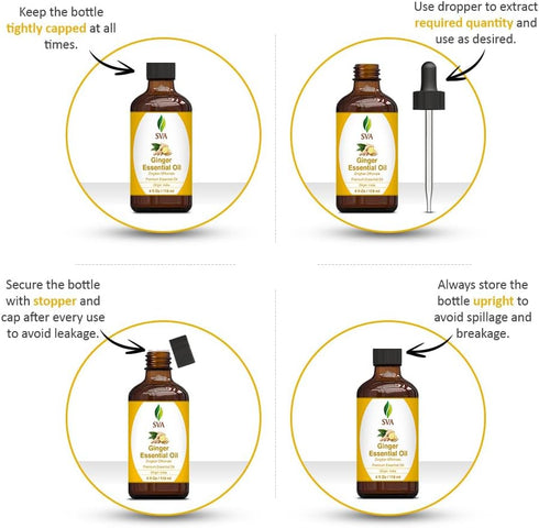 SVA Ginger Essential Oil, 4 Fl Oz, 100% Natural for Diffuser, Hair Care, Skin Care, Aromatherapy, with Dropper