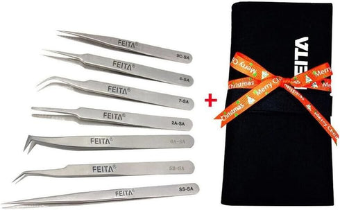 Professional Tweezers Set - FEITA Precision Tweezers with Travel Case - Silver 7Pcs