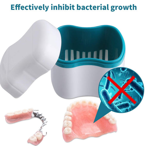 Denture Bath Case with Basket, Cleaning Box Container, Soaking Cup Cleaner for Dentures and False Teeth