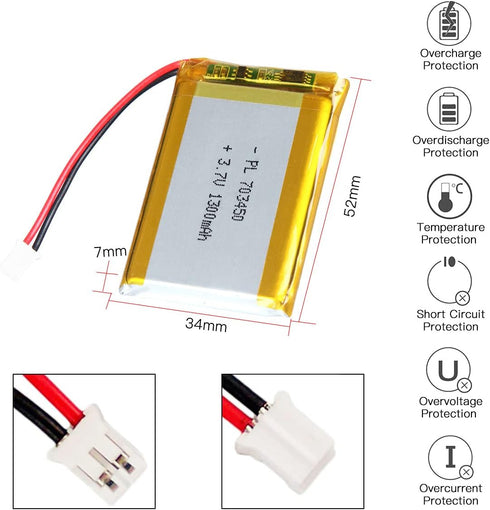 3.7V 1300mAh 703450 Lithium Polymer Ion Rechargeable Li-ion Battery with 2P PH 2.0mm Pitch Connector