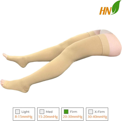 HealthyNees 20-30 mmHg 5X-Large) Thigh Open Toe Compression Knee High Wide Calf Leg Socks (Beige