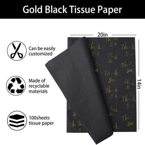 Whaline 100 Sheets Black Gold Tissue Paper Gold Thank You Gift Wrapping Paper Metallic Decorative Art Paper for DIY Crafts Birthday Baby Shower Party Supplies, 14 x 20 Inch by Whaline