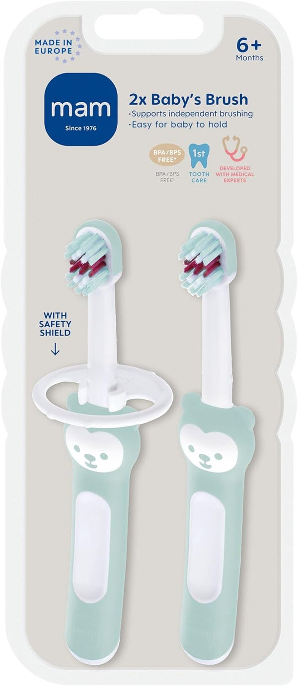 MAM Baby Toothbrushes - 2 Baby's Brushes and 1 Safety Shield, Interactive App for Boys 6+ Months, Blue