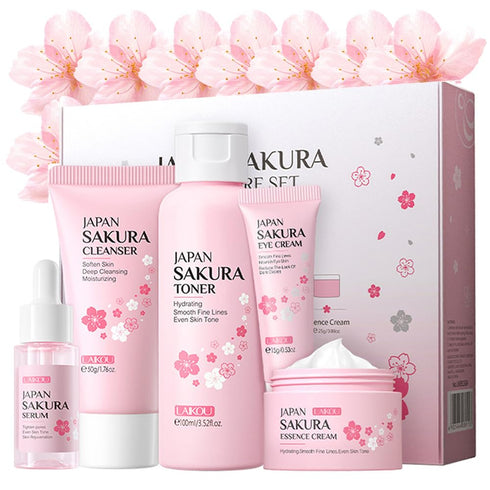 Sakura Skincare Kit for Teenage Girls - 5Pcs Travel Present Set with Cleanser, Toner, Serum, Eye Cream, Face Cream